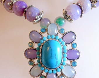 Purple Dragon's Vein Agate Necklace With Blue And Purple Vintage Pendant