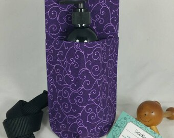 Massage Therapy single 8oz bottle hip holster, purple scroll, black belt