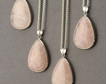 Rose Quartz Necklace. Silver Rose Quartz Mineral Necklace. Pink Stone Pendant. Pink Crystal Teardrop Jewelry. Natural Birthstone Necklace.