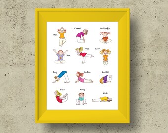 Children yoga poster, 8x10 / 16 x 20 and A3 Wall print, yoga poses for kids, Instant Download printable, Yoga Art, Nursery Decor, kid yoga