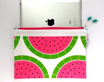 Watermelon Large Recycled Zipper Pouch, Modern Eco iPad Bag + Glass Bead Tassel, Handmade Bag, Summer Travel Organizer, Gift for Her