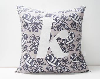 Pillow Cover - Monogrammed Pillow cover, 20x20, grey birds, any letter available, made to order