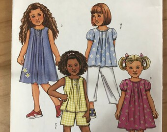 Butterick B4176 - Girl's Sleeveless or Short Puff Sleeve Dress or Top with Front Tuck Detail and Shorts or Pants - Size 2 3 4 5 or 6 7 8