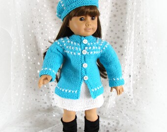 Doll Sweater Skirt and Hat Aqua and White Doll Knit Ensemble American Girl Doll Sweater Skirt and Hat 18 inch Doll Sweater AG Doll Sweater