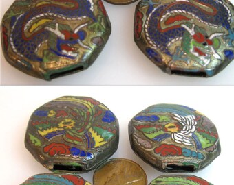 Unique 8 Antique Chinese Gilt Cloisonne Dragon Phoenix Belt Slides 8 Octagonal on Copper