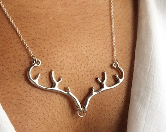 Deer Necklace, Silver Antler Necklace, Stag Necklace, Elk Necklace, UK Seller