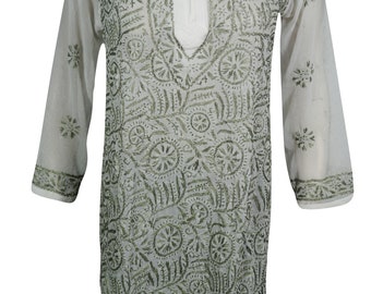 Sheer Georgette Tunic Floral Hand Embroidered Bikini Cover Up Beach Wear Summer Kaftan Dress