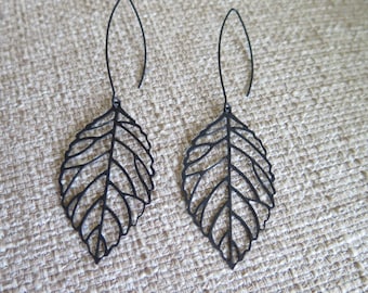 black earrings, long earrings, leaf earrings, dark earrings, modern earrings, lightweight earrings, black leaf earrings, goth earrings, gift