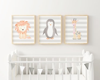 PRINTABLE | Trio | Lion, Penguin, Giraffe | Watercolor | Watercolour | Nursery Print | Wall Art | Decor | Drawing | Animals | Baby