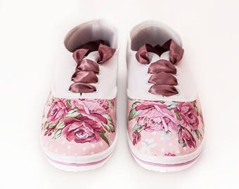 Ladies Sneakers with Decoupage "Soft Roses",Decoupage Sneakers, Custom Shoes, Casual, Flowers, Vintage Style