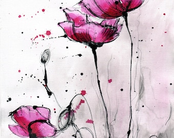 8x12in ink painting - abstract fuchsia pink poppies - poppy flower painting - ver 2