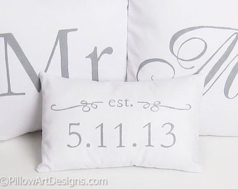 Mr and Mrs Pillow Covers Set with Mini Est Date Pillow Grey and White Hand Painted Made in Canada