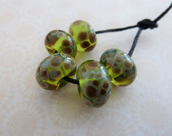 lampwork glass beads, green raku frit set handmade UK