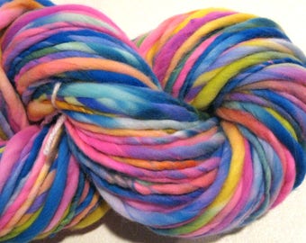 Bulky Handspun Yarn Rainbow Bright 108 yards hand dyed merino neon rainbow yarn waldorf doll hair knitting supplies crochet supplies