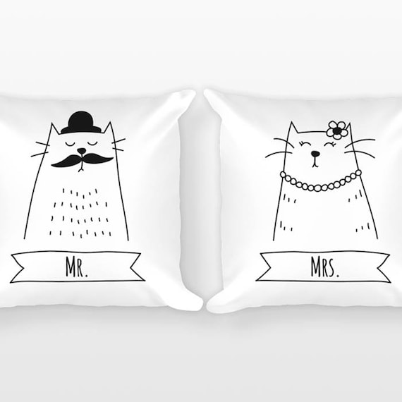 Mr and Mrs Pillows Cat Couple Pillows Throw Pillows, Unique Wedding Gift for Couples Gift Set of 2 Pillows Engagement Gift Anniversary Gift
