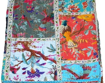Patchwork Bird Print Kantha Quilt Indian Cotton Kantha Throw Handmade Kantha Blanket Bed Cover made by kiran