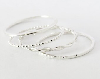 Set of Super Thin stacking Ring, Four Delicate Stacking Rings, Thin 925 Sterling Silver Rings, Dot Ring, Rope Ring, Round Ring
