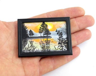 Dollhouse Miniature Original Painting, Art Collection, Tiny Painting, Nature painting, Sunset