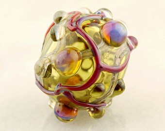 Lampwork Bead Hollow Focal Olive Green Glass with Iridescent Dots