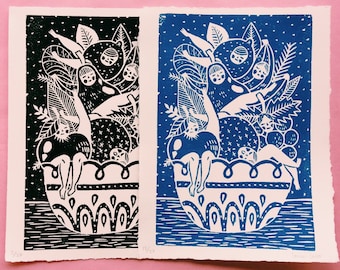 Bowl of Women Fruit - Linocut
