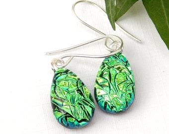 Emerald Green Sparkly Dichroic Glass Droplet Earrings, 925 Sterling Silver Earwires, Fused Glass Jewelry, Drop Earrings, Dangle Earrings