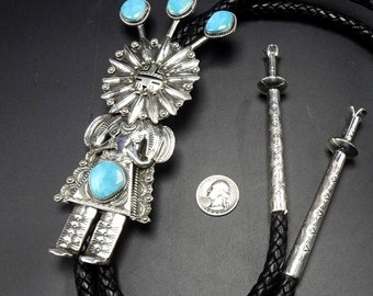 Spectacular Navajo Hand Stamped Sterling Silver & TURQUOISE KACHINA BOLO Tie