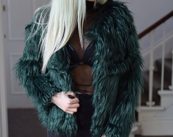 Faux fur shaggy emerald green/black winter coat jacket