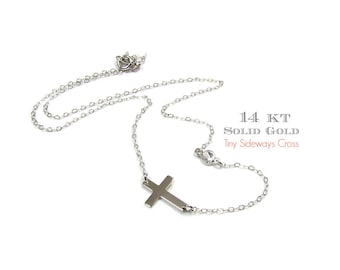 14KT SOLID GOLD Tiny Sideways Cross with Off Set White Topaz Gemstone Bezel Necklace in 14Kt Solid White or Yellow Gold