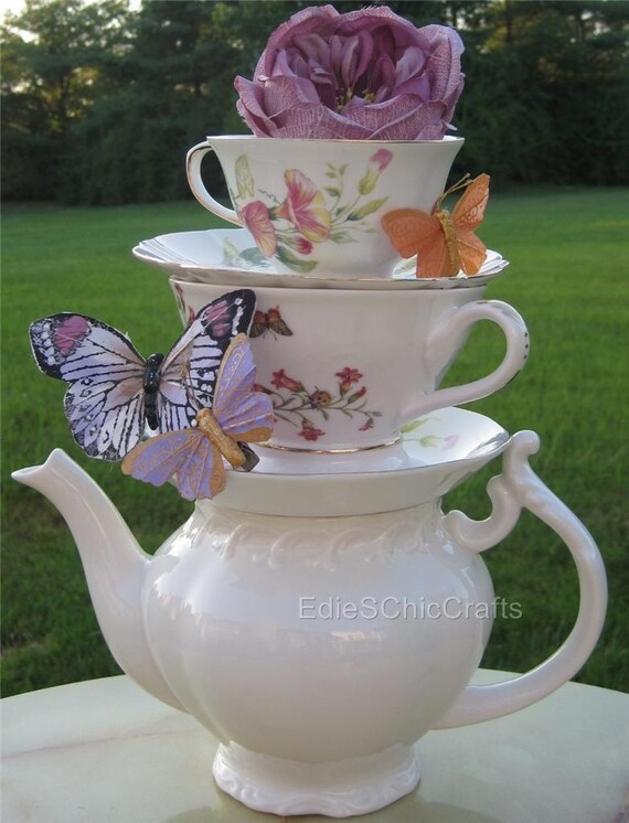 Items similar to Stacked Teapot & Teacup Centerpiece ...