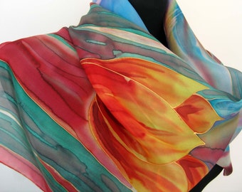 Silk scarf. Hand painted silk scarf. Tulips scarf. Red tulips. Blue background. Painted art scarf.