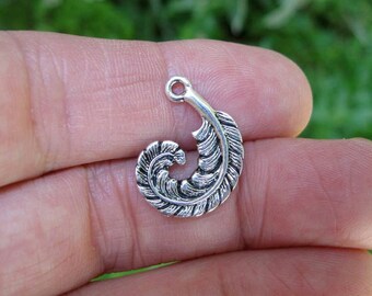 10 Curled Feather Charms in Silver tone - C2457