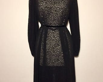 Vintage 40s dress Black Devore Illusion L