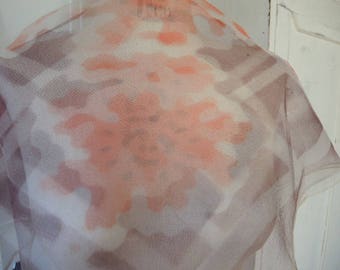 Vintage 1970s sheer nylon scarf abstract brown and orange 25 x 26 inches