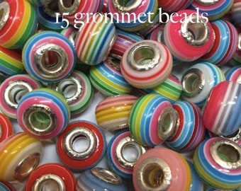 Striped Large Hole Beads - Silvertone Grommet