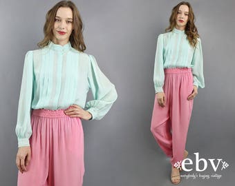 Seafoam Blouse Pastel Blouse Light Green Blouse Secretary Blouse Longsleeve Blouse 1980s Blouse 80s Blouse Pleated Puff Sleeve Blouse M L