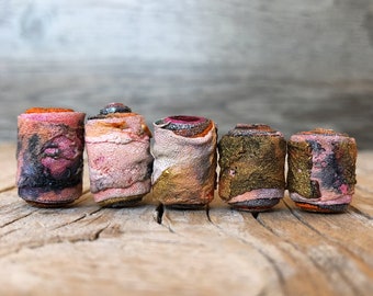 5 Handmade Fabric Beads - Fiber Art Beads - Textile Art Beads - Hippie Boho Bead - Focal Beads