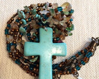 Multistrand Beaded Necklace w/ Cross Pendant