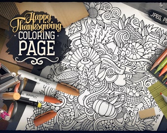 HAPPY THANKSGIVING Digital Coloring Page, Adult Coloring, Holiday Printable, Greeting Doodles Art, Autumn Doodling, Zenart Digital Download