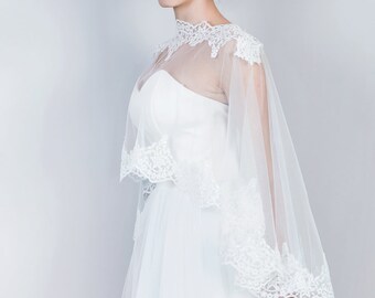 Bridal Lace Cape, Bridal Lace Capelet, Wedding Cape in White and Ivory, Tulle bridal capelet