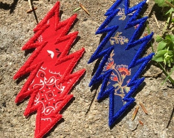 SALE! American Beauty 13 point lightning bolt handmade Grateful Dead patch, iron on, red/blue, Jerry Garcia, hippie festival, Stealie