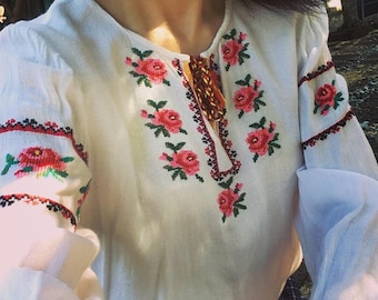 RARE Vintage hand embroidery / Ukraine Summer Blouse and with 3D Hand Embroidered Roses with Silk tread / Sheer cotton