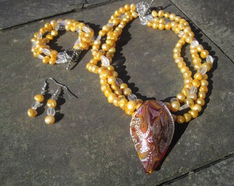 Multistrand Adjustable Honey Freshwater Pearl and Quartz Beaded Necklace with Lampwork Pendant, Bracelet and Earring Set,