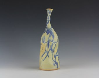 Cream Yellow & Blue Lavender Ceramic Bottle, Abstract Sculpture Artwork, Unique Clay Vessel Vase, Modern Home Decor, Torqued Bottle Series