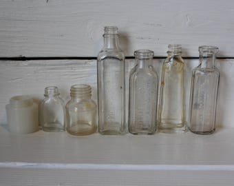 Collection of 7 Vintage Bottles, Clear, White, Bottles