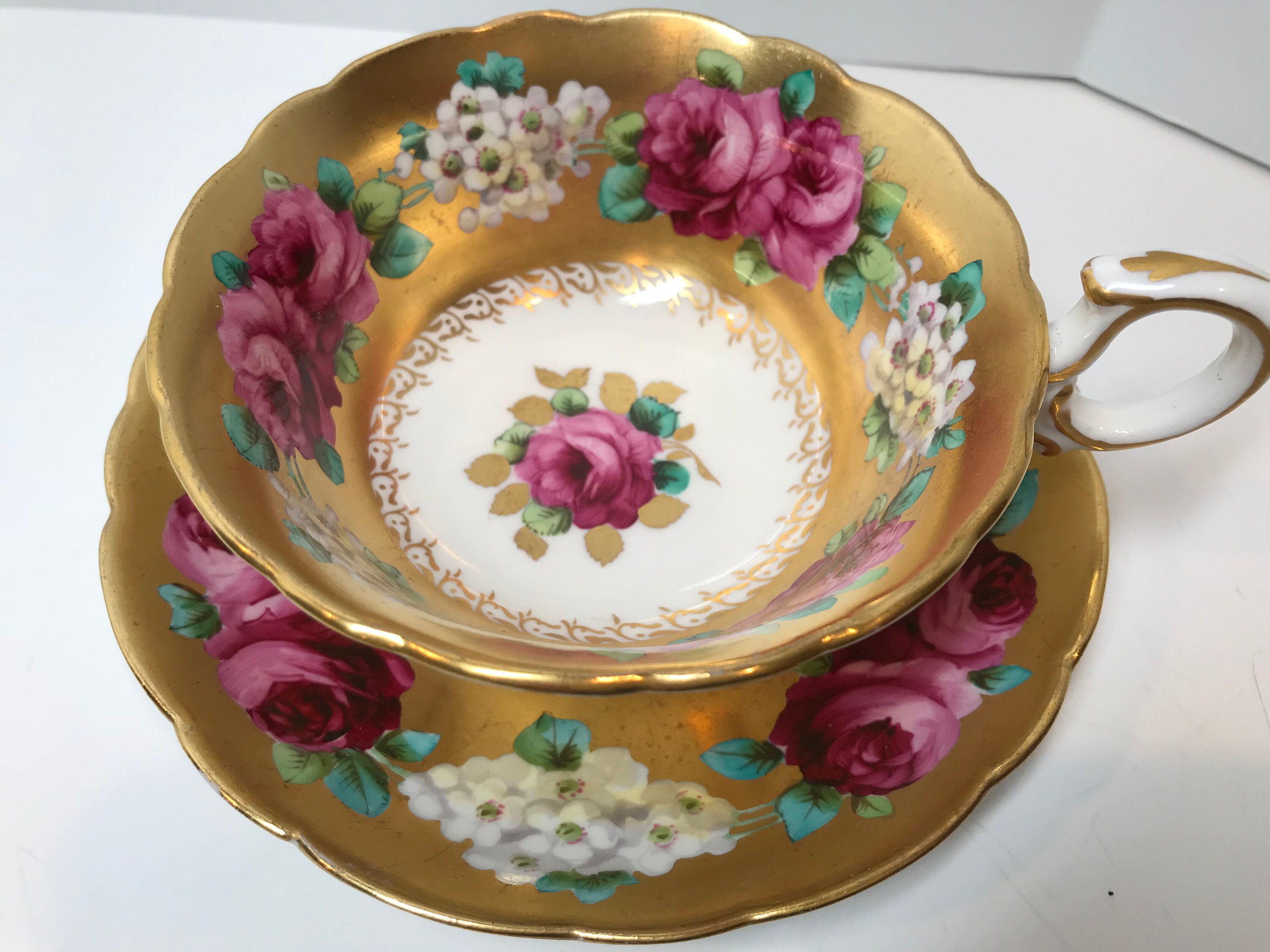 Davis Collamore Tea Cup and Saucer, Hand Painted Roses Gold Tea Cups, H