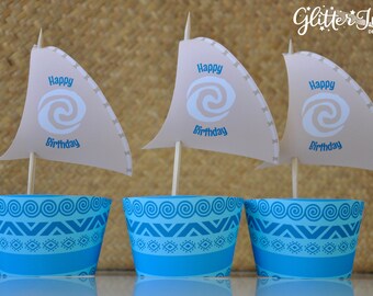 Moana cupcake topper sails and wrappers for birthday party - pdf printable file - outrigger boat with Polynesian tribal design