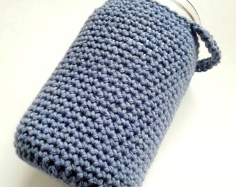 SALE - Crochet mason jar cover, blue, quart size, wide mouth jar cozy