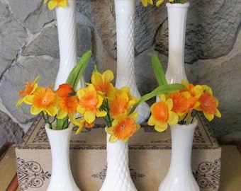Set of 6 High Low Vintage Milk Glass Bud Vases - Instant Collection - Various Manufacturers