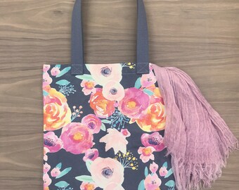 Watercolor Floral Tote - Cotton Linen Tote - Reusable Tote Bag - Large Tote
