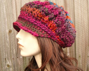 Crochet Hat Womens Hat Newsboy Hat - Spring Monarch Ribbed Crochet Newsboy Hat in Passion Fruit Magenta Teal Orange Womens Accessories